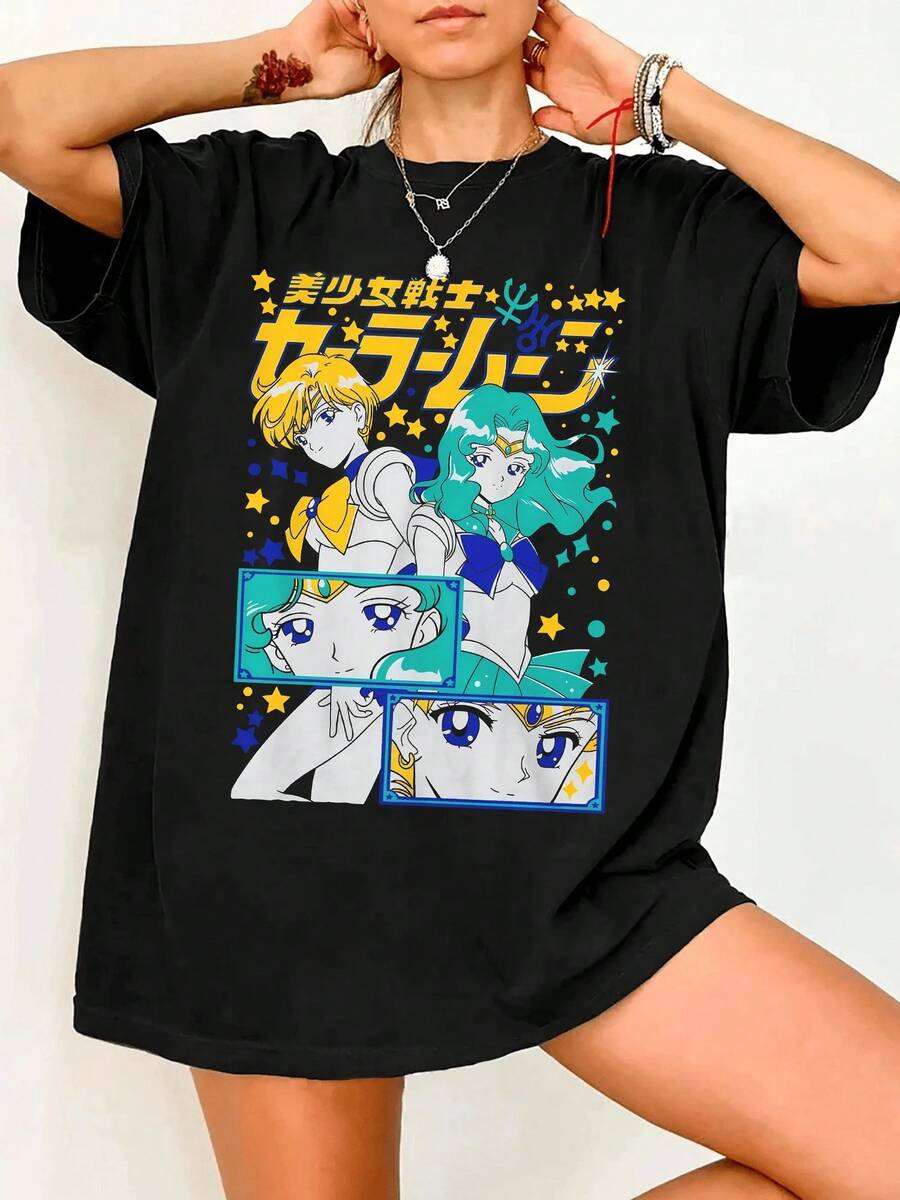 2026 S-SailorSS M-MoonS Fight Like A Girl Japanese Anime T-Shirt Loose And Comfortable - Black - View 1