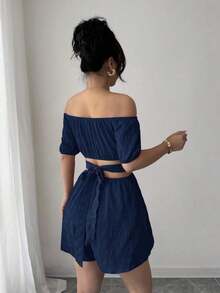 Mono informal de mujer casual para vacaciones con hombros descubiertos y lazo en la espalda - Verde - Ver 10