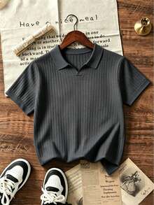 Boys' Teen Student Casual Solid Color Crew Neck Pullover Knit Ribbed Short Sleeve T-Shirt Spring/Summer Top - Dark Grey - View 3