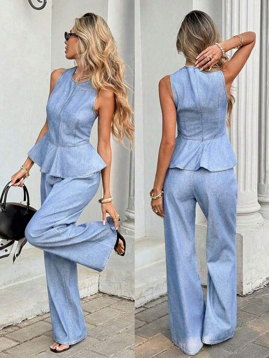 Conjunto de top de mezclilla sin mangas con dobladillo de peplum y jeans para mujer, adecuado para primavera, verano, otoño, elegante para el Día de San Valentín, vacaciones, carnaval, verano, primavera, ir a la universidad, elegante, Y2K, lindo, ropa de fiesta, boda, casual de negocios, vacaciones, resort, chic, conjunto de dos piezas con blusa de dobladillo de peplum y pantalones anchos y fluidos para mujer - Lavado ligero - Ver 1