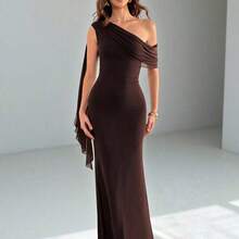 . .  Tall Vestido asimétrico de hombro sólido y elegante para mujer, vestidos elegantes para mujer, vestido de graduación, vestido de invitada de boda de otoño, vestido de invitada de boda para mujer - Marrón - Ver 2