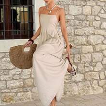 . .  Vestido de mujer con tirantes de espagueti y escote tubo de lino, estilo vacacional - Albaricoque - Ver 7