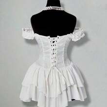 ICON Vestido corto de gasa con volantes en el hombro, cintura fruncida y estampado jacquard para mujer, elegante para fiestas y uso casual - Beis - Ver 3