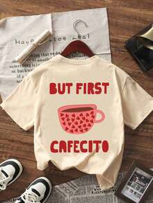1 Piece Women's Cotton T-Shirts, Retro Oversized Short Sleeve Round Neck, Autumn Print For Outdoor Use, Comfortable - 杏色 - 查看 3