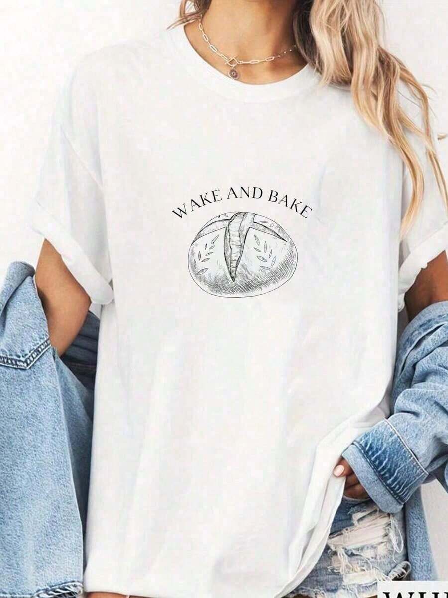 Women's Cotton T-Shirt, 1 Piece, 100% Cotton, Graphic Tee For Women With A Fun "Wake And Bake" Print, "Baker Bread Baking" Design, 210g, 100% Cotton, Designs Are Printed. Unisex. Basic Women's Shirt - 白色的 - 查看 1