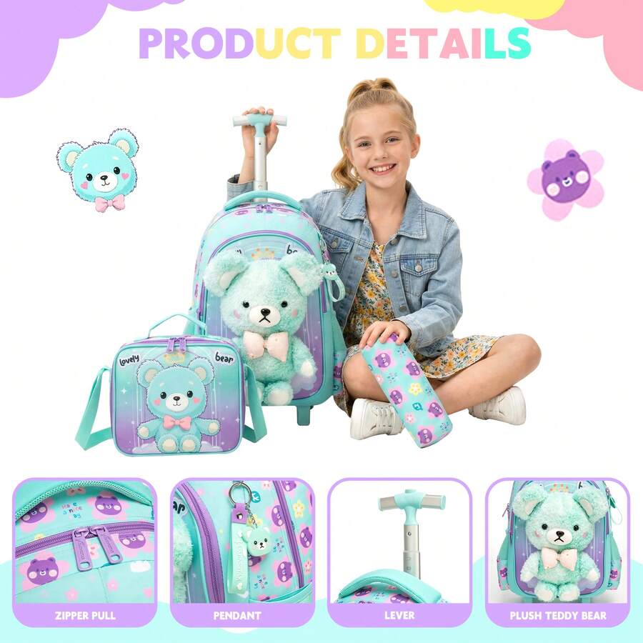 Girls' 3-Piece Rolling Backpack Set, Includes Rolling Bag, Crossbody Bag And Pencil Case, Suitable For Students Back To School - 兒童拉桿包 - 查看 1