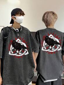 Loose Black T-Shirt With Vintage Effect, Unisex Clothing With Print, Three-Line Raven Symbol On Red Background, Viking Raven, Odin Rune, Viking T-Shirt, 100% Pure Cotton, Short Sleeve, Solid Color, Round Neck, Soft Style. - 黑色 - 查看 2
