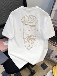 Fractyr 男士街头风圆领T恤 “BALANCE” 脑心解剖线条艺术印花，宽松休闲短袖上衣 - 白色 - 查看 5