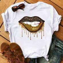 New Women's T-Shirt With Pink Lips And Leopard Print, Casual Style, Round Neck, Sexy, Black, With Kiss Design, Fun, For Girls, Dropshipping - 黑與白 - 查看 4