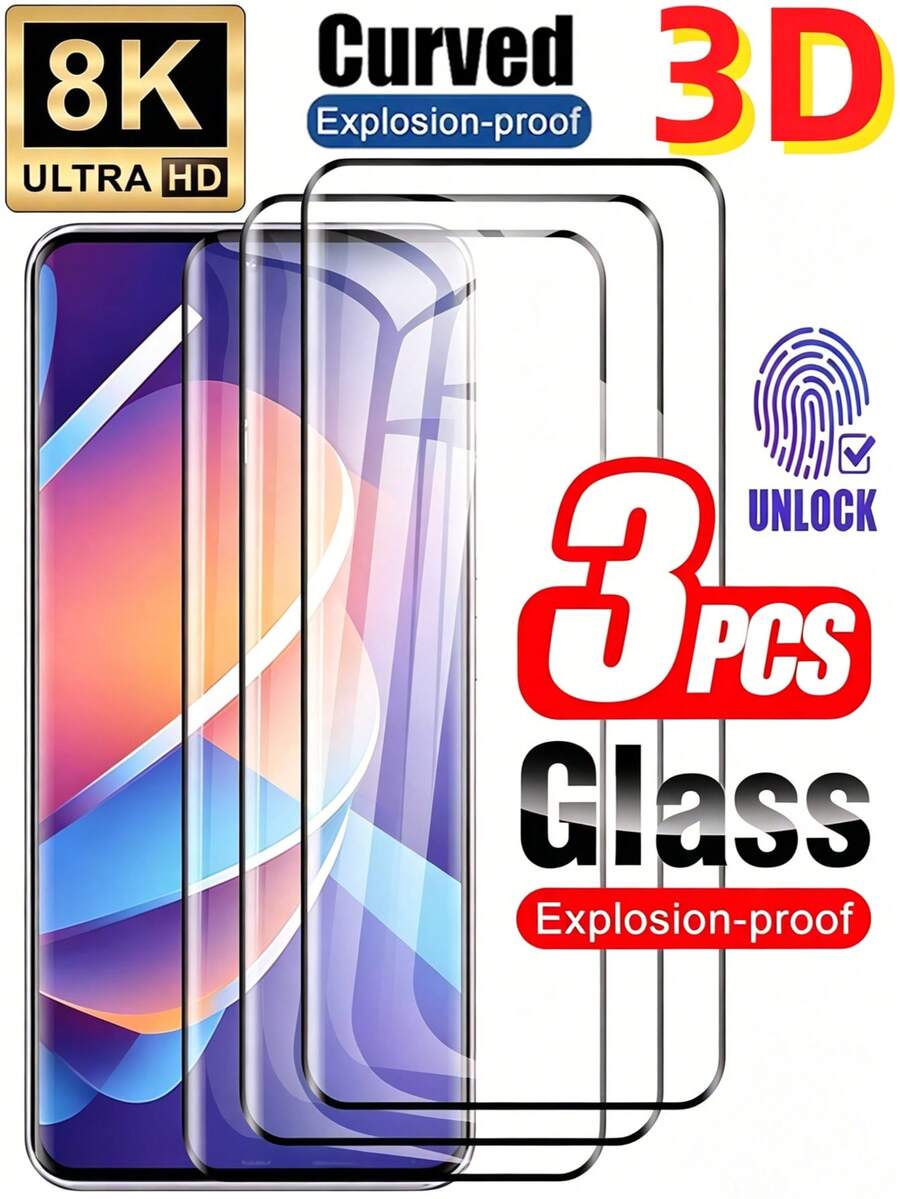 3片裝 Ultra HD 3D 曲面鋼化玻璃螢幕保護貼 9H 硬度 防爆耐刮 適用於 17 15 13 12 14 Ultra Pro/Note 14 15 13 Pro+ Pro 4G 5G/Reno 系列/Honor Magic 5/6/7/8 Pro Lite 90 100 200 400 500/多款曲面機型 滑順觸控 自動吸附 支援指紋辨識