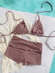 Bộ bikini nữ, bộ bikini caro đỏ lựu tập Pilates, quần bơi đi biển/tập thể dục, phù hợp cho World Cup/thường ngày/Y2k/phong cách đường phố/trang phục mùa hè đi nghỉ dưỡng - màu nâu - Xem 5