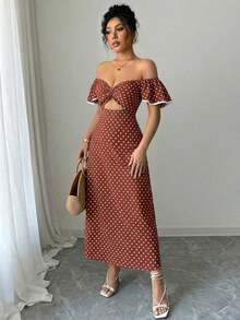 Vestido de estilo callejero elegante de mujer con lunares, hombros descubiertos y abertura en la cintura, ideal para vacaciones de verano - Amarillo - Ver 11