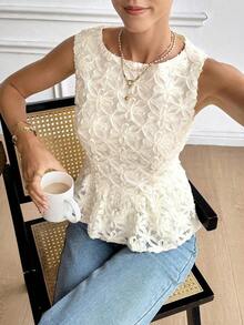 Blusa de encaje floral 3D con volante, elegante blusa de verano sin mangas de cuello redondo con dobladillo con volantes, para primavera, Día de San Valentín, carnaval, playa, fiesta, boda, elegante, vacaciones - Albaricoque - Ver 6