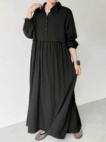Vestido largo maxi casual y versátil de mujer con cuello de camisa, manga larga, hombros caídos, plisado y unicolor negro, para otoño/invierno, apto para oficina y uso casual - Negro - Ver 2