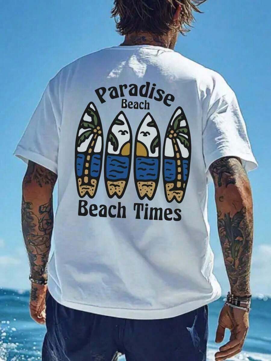 Camisa masculina casual de manga curta com estampa festiva, confortável e respirável, ideal para o verão. - Branco - Ver 1