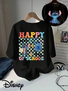 Disney Classic Cartoon Stitch T-Shirt With Double-Sided Print, Short-Sleeved Round Neck Casual Top, Suitable For Summer And Spring, Short-Sleeved Top, Women's Clothing - 黑色 - 查看 6