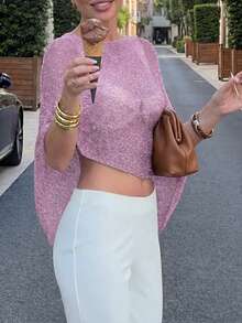 FOR BEAUTY Women's Summer New Knit Top, Casual Style, Purple Solid Color Loose Off-Shoulder Cover-Up, Bohemian Style, Suitable For Beach And Vacation - Purple - View 5