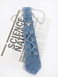 1 chiếc cà vạt bolo denim xanh phong cách retro punk, dây chuyền ngọc trai đính nơ pha lê độc đáo, phù hợp với trang phục thời trang gothic tối màu cá tính. - Quần jean dây - Xem 5