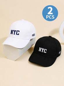 2件裝兒童男女童休閒棒球帽，刺繡NYC純色戶外防曬帽，生日禮物 - NYC-黑+白 - 查看 6
