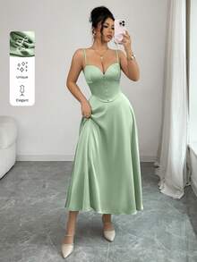 abyoxi 女款橄欖綠緞面細肩帶心形領鈕扣裝飾收腰中長洋裝，春夏季長裙 - 薄荷綠 - 查看 7