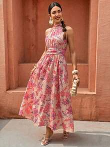 Flora Isola Flora Isola Vestido bohemio de mujer sin mangas con cuello de corbata, cintura recogida y estampado floral, adecuado para vacaciones, citas y viajes a la playa - Multicolor - Ver 6