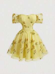 MOD Vestido mini elegante y de moda con bordados y hombros descubiertos para mujer - amarillo ganso - Ver 8