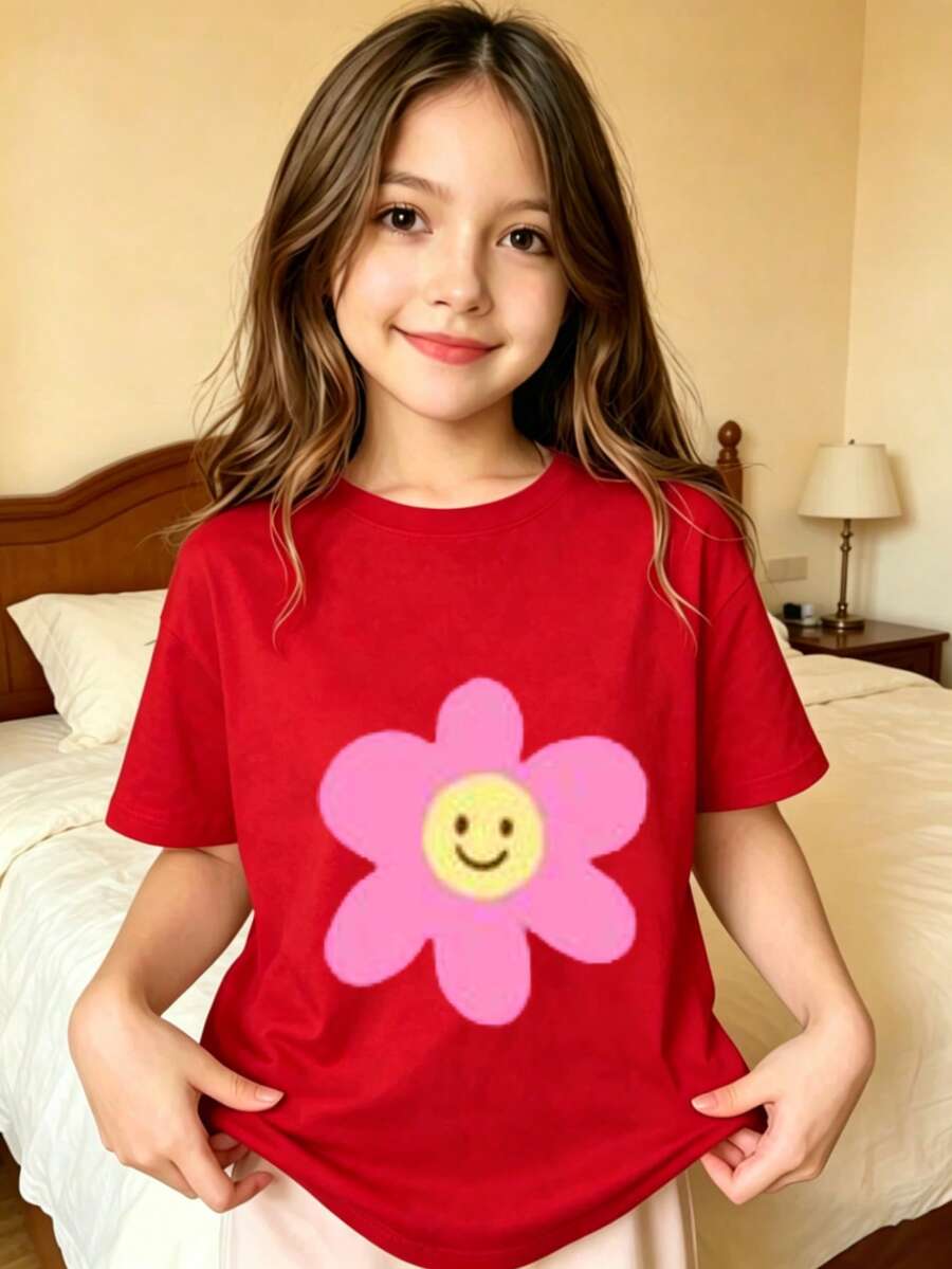 Pink Flower With  Face Printed T-Shirt For Kids - Red - View 1