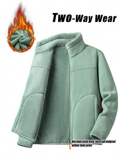 Chaqueta reversible de sherpa para mujer, cárdigan con cuello alto y cremallera, chaqueta de forro polar de unicolor para otoño/invierno