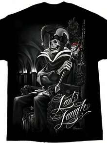 Men's Cotton T-Shirt - Clown King Skull Design T-Shirt "The Last Laugh", Mexican Style Clothing, Urban Style Gangster Outfit, Casual Style T-Shirt, Local Delivery, Gift For Friends - 黑色 - 查看 7