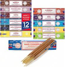 Satya Incense Sticks - Nag Champa, Namaste, Positive Vibes, Tantra, Buddha Blessing, Aura Cleansing, Chakra, Pyramids, Reiki, Karma, Spiritual, Traditional Ayurveda, Pack Of 12 Assorted Fragrances - ColorD - View 1