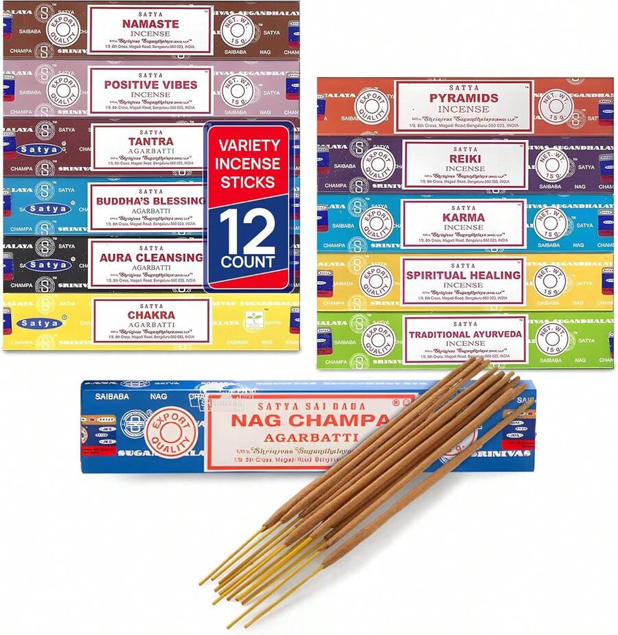 Satya Incense Sticks - Nag Champa, Namaste, Positive Vibes, Tantra, Buddha Blessing, Aura Cleansing, Chakra, Pyramids, Reiki, Karma, Spiritual, Traditional Ayurveda, Pack Of 12 Assorted Fragrances - ColorD - View 1