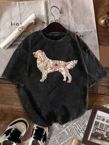 Camiseta de estilo vintage con técnica de lavado retro, con estampados de siluetas florales de perros.Suave y agradable para la piel, esta camiseta casual unisex es imprescindible para los dueños de mascotas en verano OVLU. - Negro - Ver 10