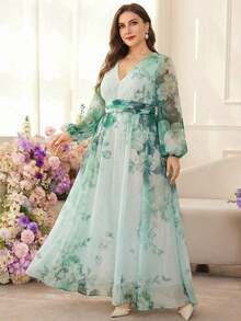 Vestido de línea A con cintura ceñida y estampado floral para mujer de talla grande - Verde - Ver 5