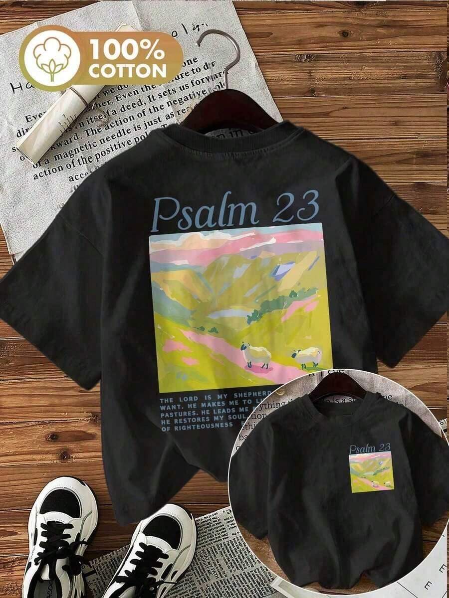 Women's Clothing Women's T-Shirt With Psalm 23 Verse - "The Lord Is" Print, Soft Short Sleeve Top Suitable For Spring And Summer Casual Wear, Women's Shirt - 黑色 - 查看 1