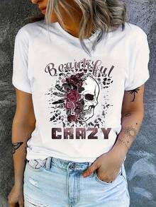Camiseta con Estampado de Calaveras y Letras, Camiseta Casual de Cuello Redondo y Manga Corta, Ropa de Mujer - Blanco - Ver 3