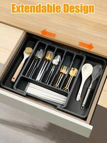 1pc Black Expandable Kitchen Drawer Cutlery Organizer, Suitable For Kitchen Storage, Organizing Utensils, Kitchen Tools - Black - View 10