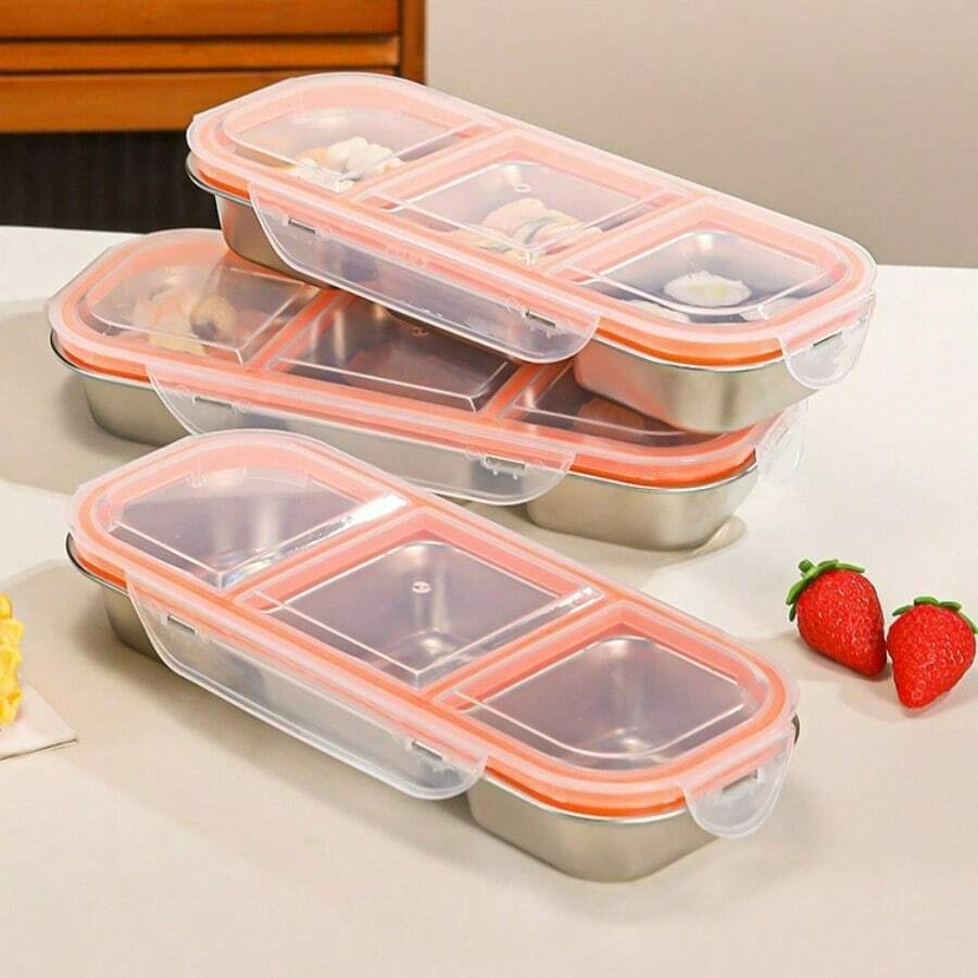 1個 3格不鏽鋼零食收納盒 - 分隔式食物儲存盒附翻蓋蓋 | 冰箱整理盒、冰箱儲存容器，適用於學校/辦公室/旅行，可用洗碗機
