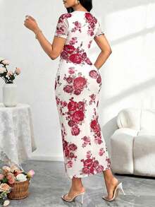 Lady Vestido de manga corta de talla grande con patrón de mármol y drapeado ajustado de longitud media, vestido rosa para fiestas elegantes, uso diario, cuatro estaciones, vestidos para cruceros, atuendos de verano para mujer, vestidos midi para cumpleaños y eventos, vestidos de oficina, vestidos de iglesia, vestidos de boda, vestidos de vacaciones, vestidos de invitada de boda, vestidos elegantes y de clase para mujer - Rosa 2 - Ver 2