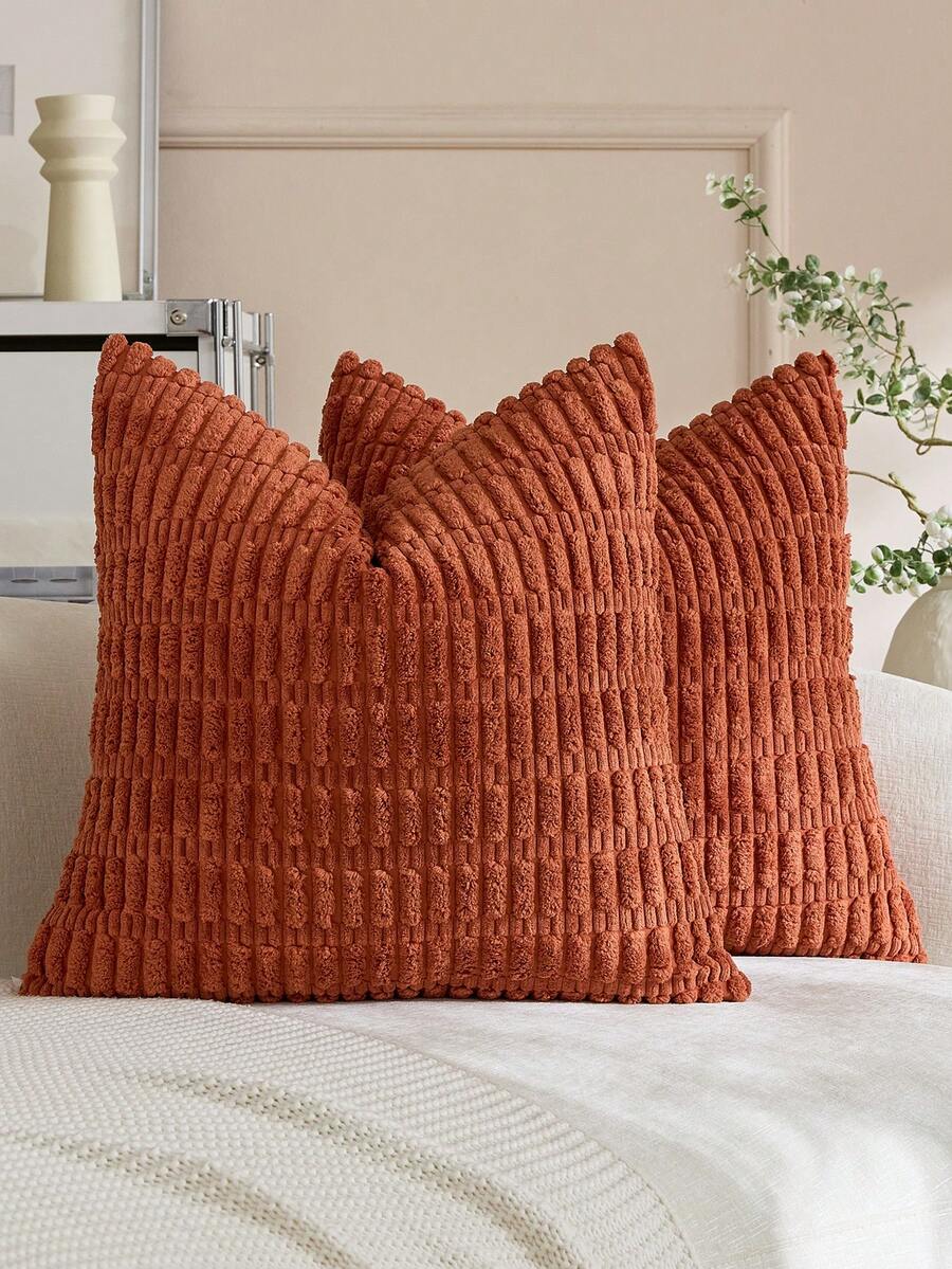 1 Peça Capa de Almofada Boêmia Laranja Coral com Listras Grossas (Enchimento de Almofada Não Incluído), Capa de Almofada Decorativa Quadrada de Veludo Cotelê Sólido Macio, Adequada para Feriados, Sofá, Quarto, Cama, Todas as Estações