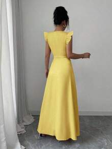 Vestido largo elegante estilo bohemio para vacaciones, con escote en V, mangas abullonadas, cintura ceñida, falda plisada de línea A, bolsillo con cremallera, cierre con botón de perla, adecuado para primavera/verano - Púrpura malva - Ver 9