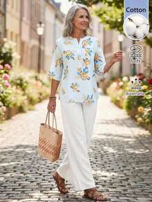 Conjunto casual diario de blusa con cuello en V y estampado floral y pantalones para mujeres de mediana edad y mayores - Multicolor - Ver 7