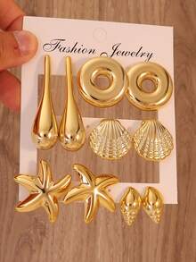 2/10 piezas Conjunto de aretes de moda para mujer en tono dorado, que incluye estrella de mar, concha, caracol, lágrima larga, aretes con forma de rosquilla, perfectos para vacaciones en la playa, viajes, uso en fiestas - Dorado - Ver 2