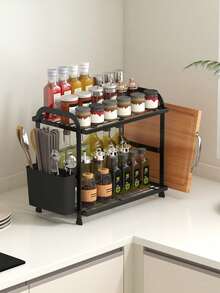 Estante de especias de doble capa resistente con soporte para tabla de cortar, estante para cuchillos y utensilios, organizador de almacenamiento de cocina, diseñado para un fácil acceso y una cocina ordenada, colocación de especias categorizada - Accesorio de cocina esencial - Estante de almacenamiento - Ver 3