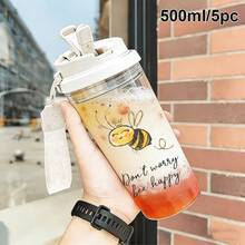 1/5pcs 500ml Plastic Coffee Cup With Cute Bee Print And "Don't Worry, Bee Happy" Text, Flip Lid And Handle. Leak-Proof Seal, Suitable For Iced Coffee, Tea And Cold Drinks. A Sweet And Joyful Gift, Perfect For Nature Lovers And Bee Enthusiasts For Daily Use. - Multicolor - Bee - View 12