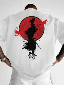 Camiseta de hombre con estampado de samurái japonés - Diseño de samurái, cuello redondo de corte holgado, tela de poliéster transpirable, estampado de texto japonés Kanji/Samurái (ropa casual de verano adecuada para primavera/verano al aire libre). - Blanco - Ver 1