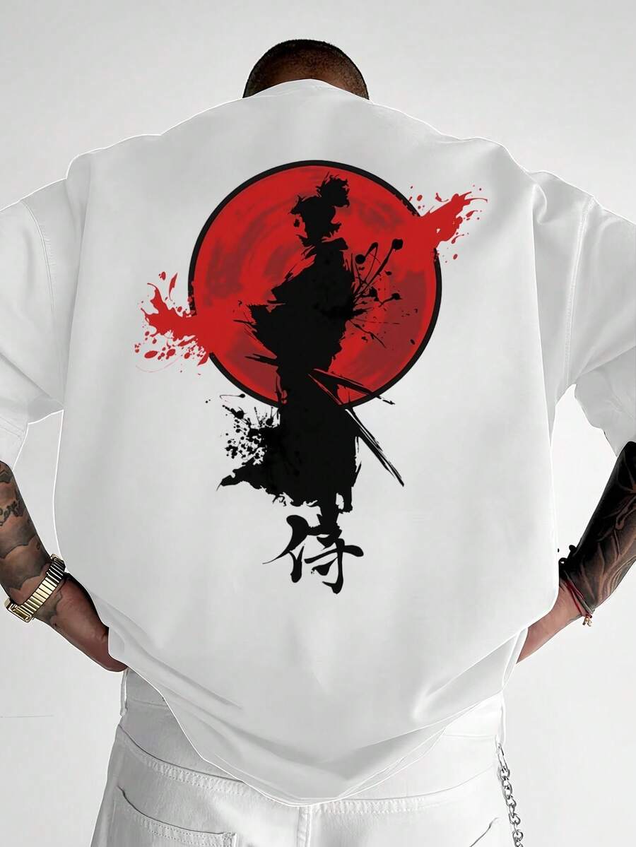 Camiseta de hombre con estampado de samurái japonés - Diseño de samurái, cuello redondo de corte holgado, tela de poliéster transpirable, estampado de texto japonés Kanji/Samurái (ropa casual de verano adecuada para primavera/verano al aire libre). - Blanco - Ver 1