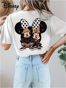 Disney T-shirt à manches courtes imprimé Mickey et Minnie, doux et extensible, décontracté, à col rond, tendance et léger, pour femmes. - Blanc - Voir 3