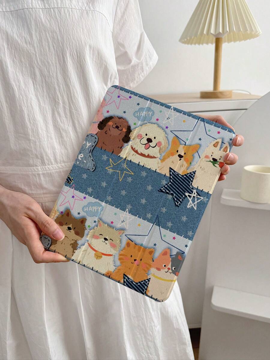1个蓝色牛仔布拼接猫狗图案保护套,适用于iPad 9代10.2英寸、Air 5/4/3、Mini 7、Pro 11、Mini 5,带笔槽,2022-2025款 - 彩色 - 查看 1