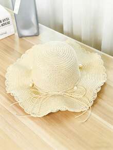 1 chiếc mũ rơm chống nắng viền lượn sóng dành cho nữ, mũ rộng vành chống tia UV với chi tiết ngọc trai, mũ gấp gọn thích hợp cho kỳ nghỉ hè ở bãi biển, kiểu dáng thanh lịch. - Nhiều màu - Xem 6