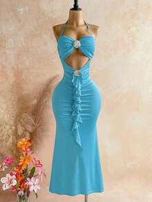Vestido de verano con escote halter, espalda descubierta, acento metálico de concha, diseño acanalado y bajo de cola de pez para mujer, ideal para vacaciones en la playa - Agua verde azul - Ver 8